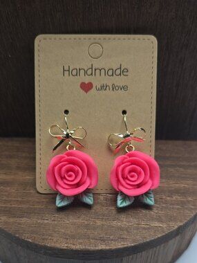 NWT Pink Rose Polymer Clay Earrings Pierced Gold Tone Bow Dangle Drop Light OOAK